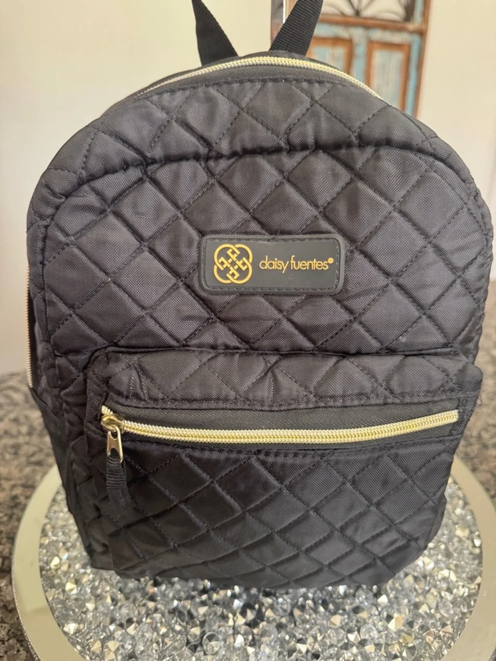 Daisy Fuentes Quilted Black Mini Backpack with Gold Accents EUC